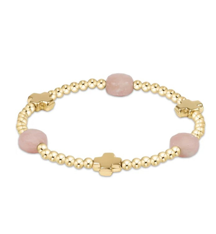 Signature Cross Admire Gold Pattern 3mm Bead Bracelet- Pink Opal