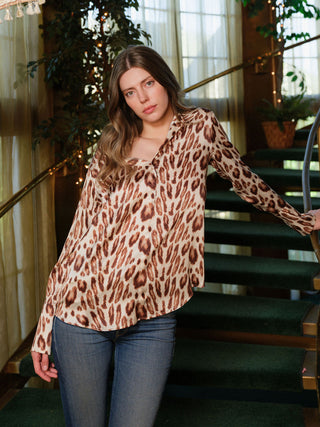 Daria French Cuff Silk Blouse Oat Leopard