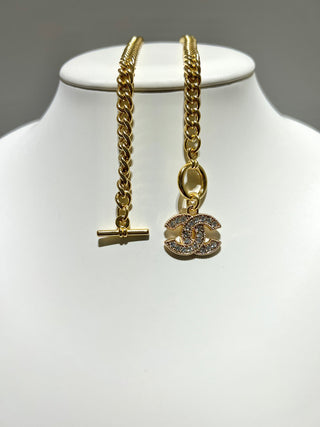 Chanel Gold Rhinestone Cuban Chain Toggle Necklace