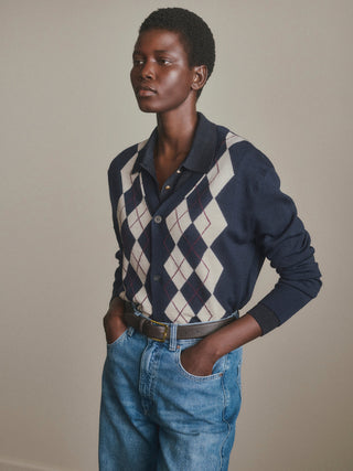 V-Neck Cardigan Navy Argyle