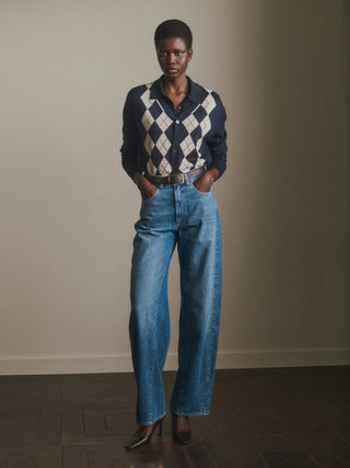 V-Neck Cardigan Navy Argyle