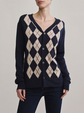 V-Neck Cardigan Navy Argyle