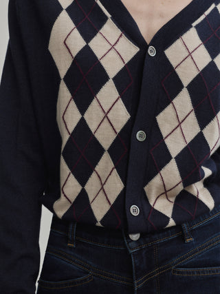 V-Neck Cardigan Navy Argyle