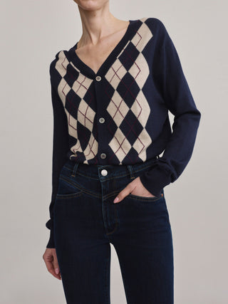 V-Neck Cardigan Navy Argyle