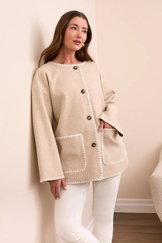 Long Sleeve Button Front Coat W/Detachable Scarf Heathered Ice Latte