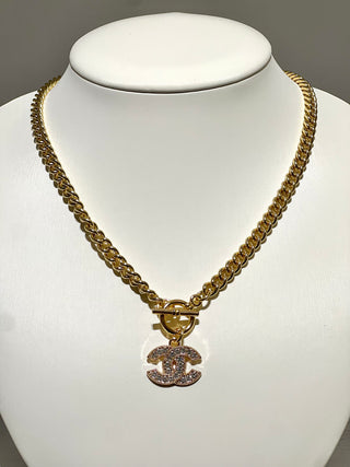 Chanel Gold Rhinestone Cuban Chain Toggle Necklace