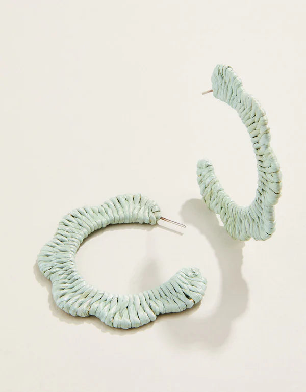 Scalloped Straw Hoop Earrings Soft Blue