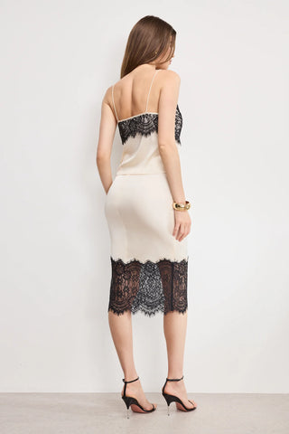 Satin Lace Slip Midi Skirt Ecru