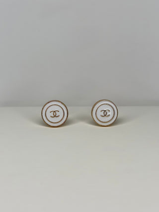 White Chanel Gold Stud Earrings