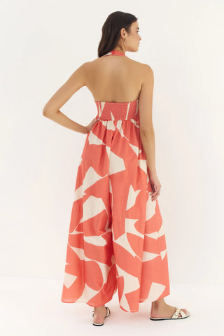Nara Jumpsuit Ivory/Coral Cut Out Block Geo