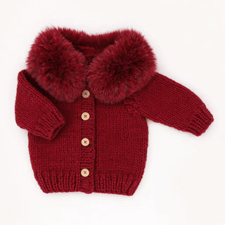 Fur Collar Crimson Cardigan Sweater
