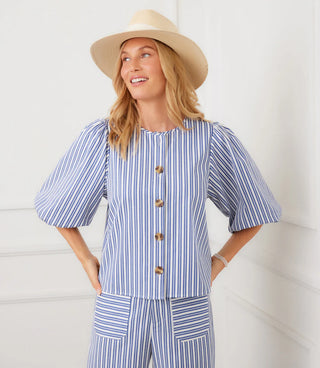 Stripe Puff Sleeve Button Front Top Blue With Off White