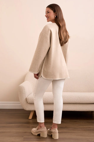 Long Sleeve Button Front Coat W/Detachable Scarf Heathered Ice Latte