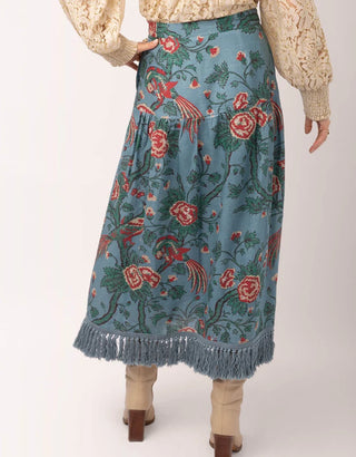 Yalena Midi Skirt Japonica Bird Blue Spruce