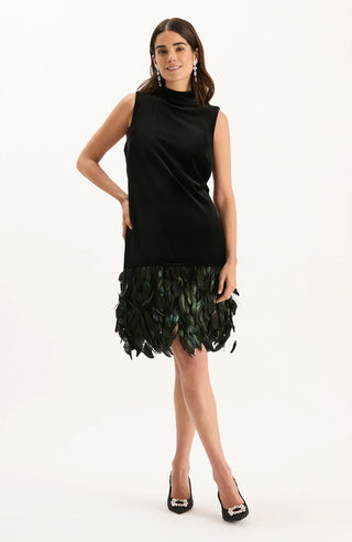 Colette Feather Hem Velvet Dress Black