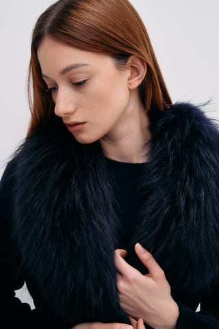 Fur Shawl Collar Cashmere Coat Navy