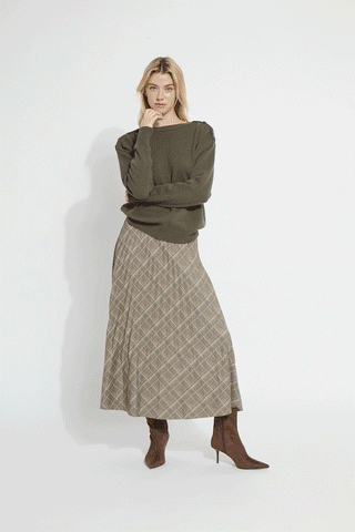 Sabrina Ponte Pleated Midi Skirt Smoked Green Plaid
