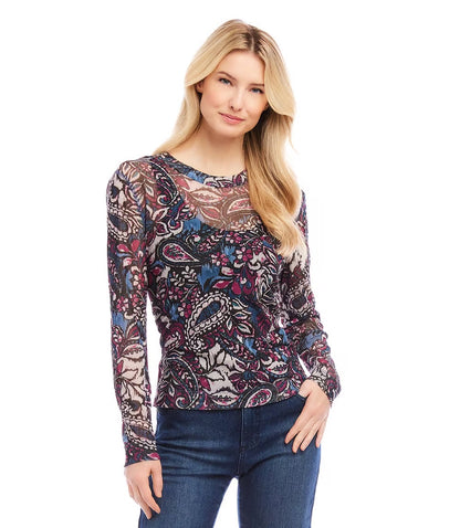 Long Sleeve Paisley Crew Neck Top