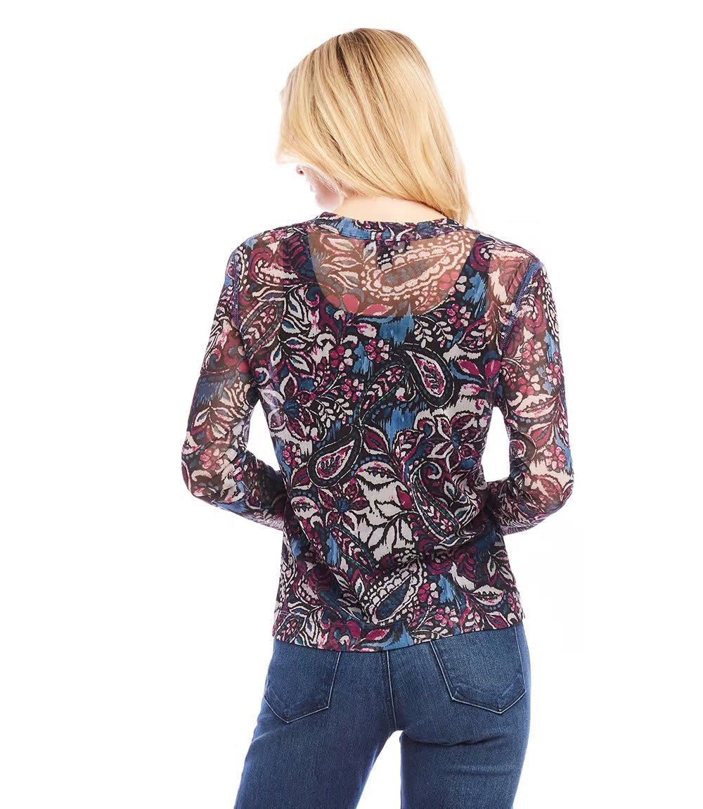 Long Sleeve Paisley Crew Neck Top