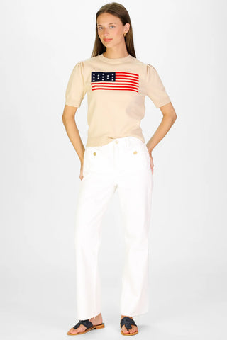 Puff Sleeve Flag Sweater Tan With Flag