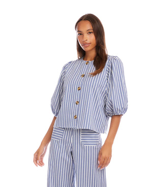 Stripe Puff Sleeve Button Front Top Blue With Off White