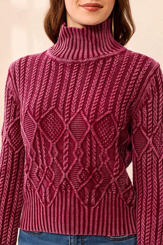 Cable Knit Mock Neck Special Wash Sweater Cherry Lacquer