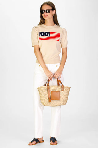 Puff Sleeve Flag Sweater Tan With Flag
