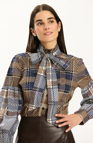 Georgia Plaid Tie Blouse Navy
