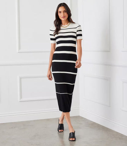 Stripe Ribbed Sweater Midi Dress