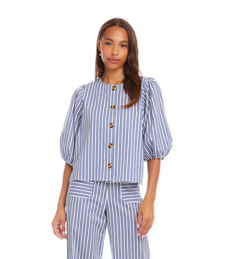 Stripe Puff Sleeve Button Front Top Blue With Off White
