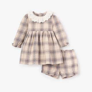 Neutral Plaid Dress W/Eyelet Lace Collar and Bloomers