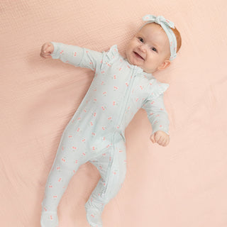 Tiny Cherry Stripe 2-Way Ruffle Sleeve Zipper Footie