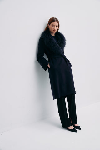 Fur Shawl Collar Cashmere Coat Navy
