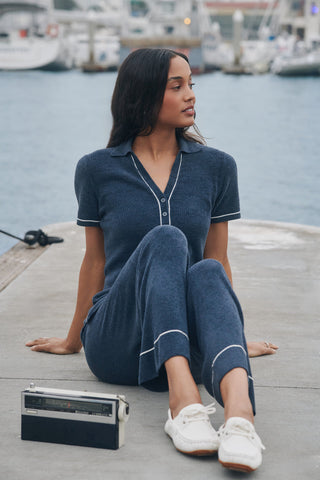 CozyChic Ultra Lite Contrast Stripe Rib Ankle Pant Indigo Pearl