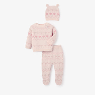 Heart Fairisle 3pc Pullover and Footie Pants and Hat Set Pink/Rose