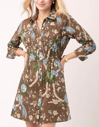 Dixie Smocked Shirt Dress Japonica Bird Brown