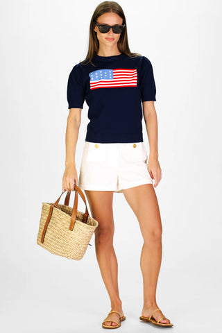 Puff Sleeve Flag Sweater Navy With Flag