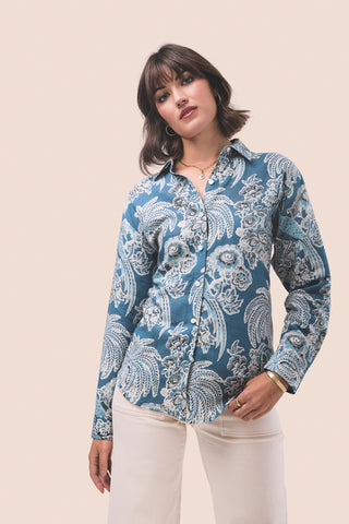 Aida Relaxed Buttondown St. Augustine Bird Palm Blue