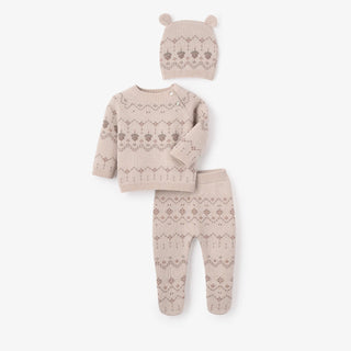 Acorn Fairisle 3 pc Pullover and Footie Pants and Hat Set Taupe