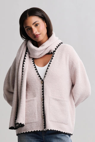 CozyChic Blanket Stitch Cardigan With Detachable Scarf