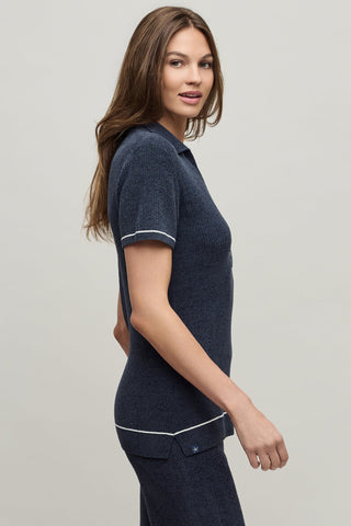 CozyChic Ultra Lite Contrast Stripe Ribbed Collar Henley Indigo Pearl