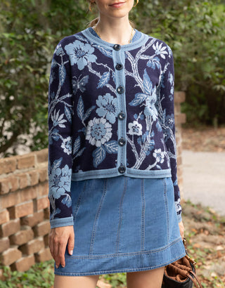 Francesca Jacquard Cardigan Japonica Floral Navy