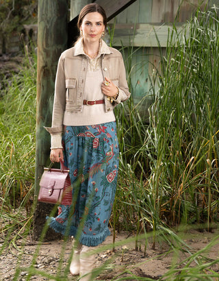 Yalena Midi Skirt Japonica Bird Blue Spruce