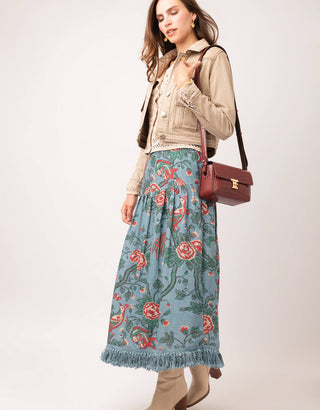 Yalena Midi Skirt Japonica Bird Blue Spruce