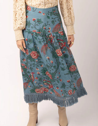 Yalena Midi Skirt Japonica Bird Blue Spruce