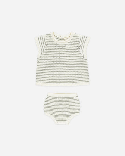 Scallop Knit Baby Set Sage Stripe