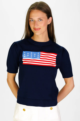 Puff Sleeve Flag Sweater Navy With Flag