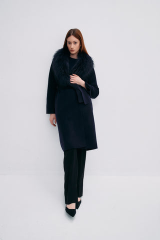 Fur Shawl Collar Cashmere Coat Navy