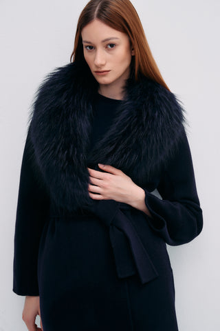 Fur Shawl Collar Cashmere Coat Navy