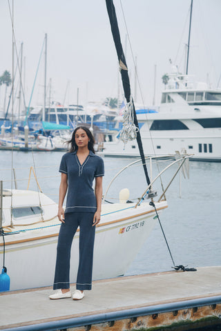 CozyChic Ultra Lite Contrast Stripe Ribbed Collar Henley Indigo Pearl